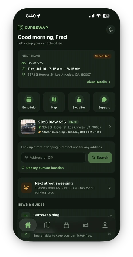 The Curbswap app home screen with the next scheduled move