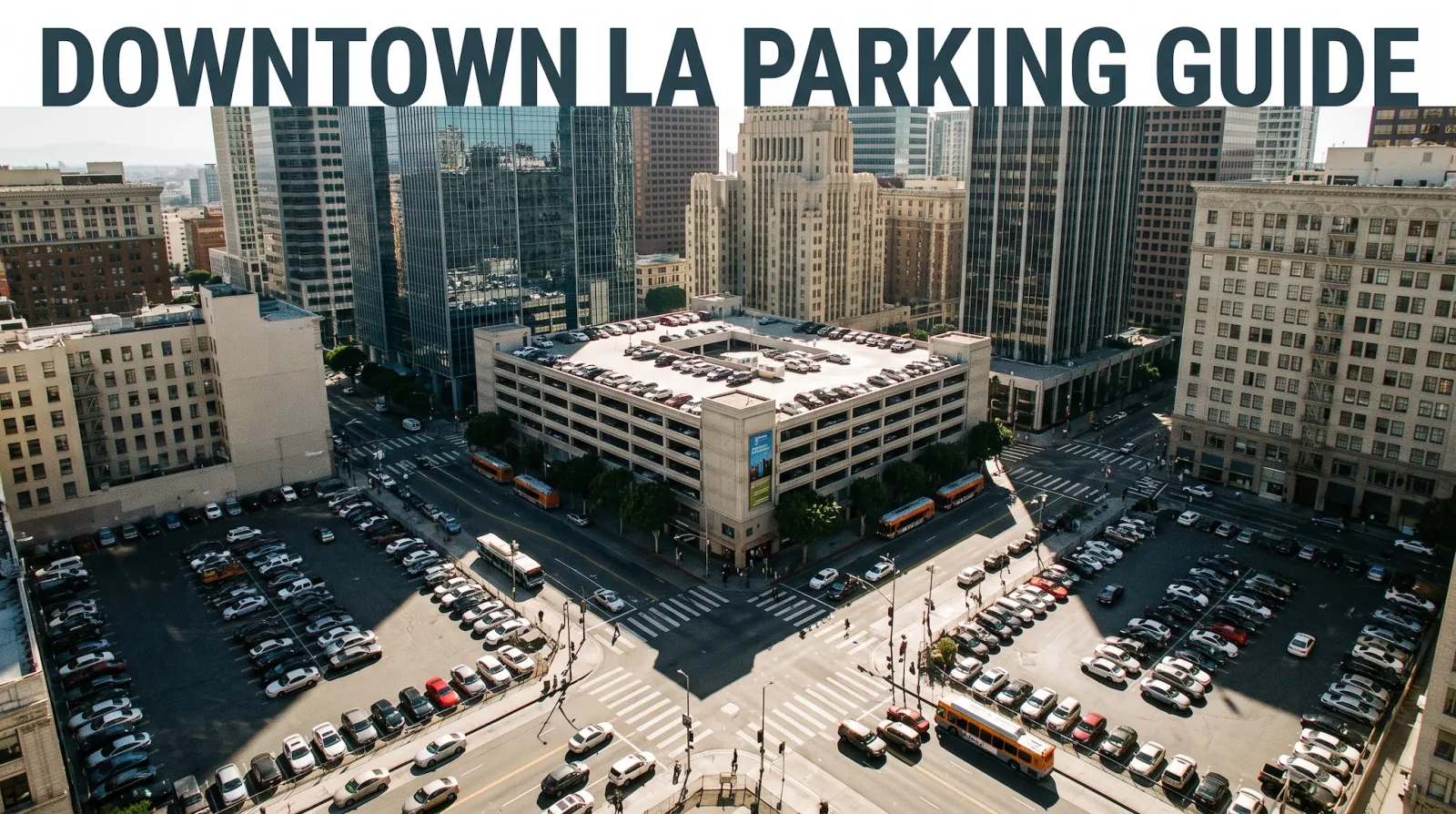 Downtown Los Angeles skyline above a street of parked cars