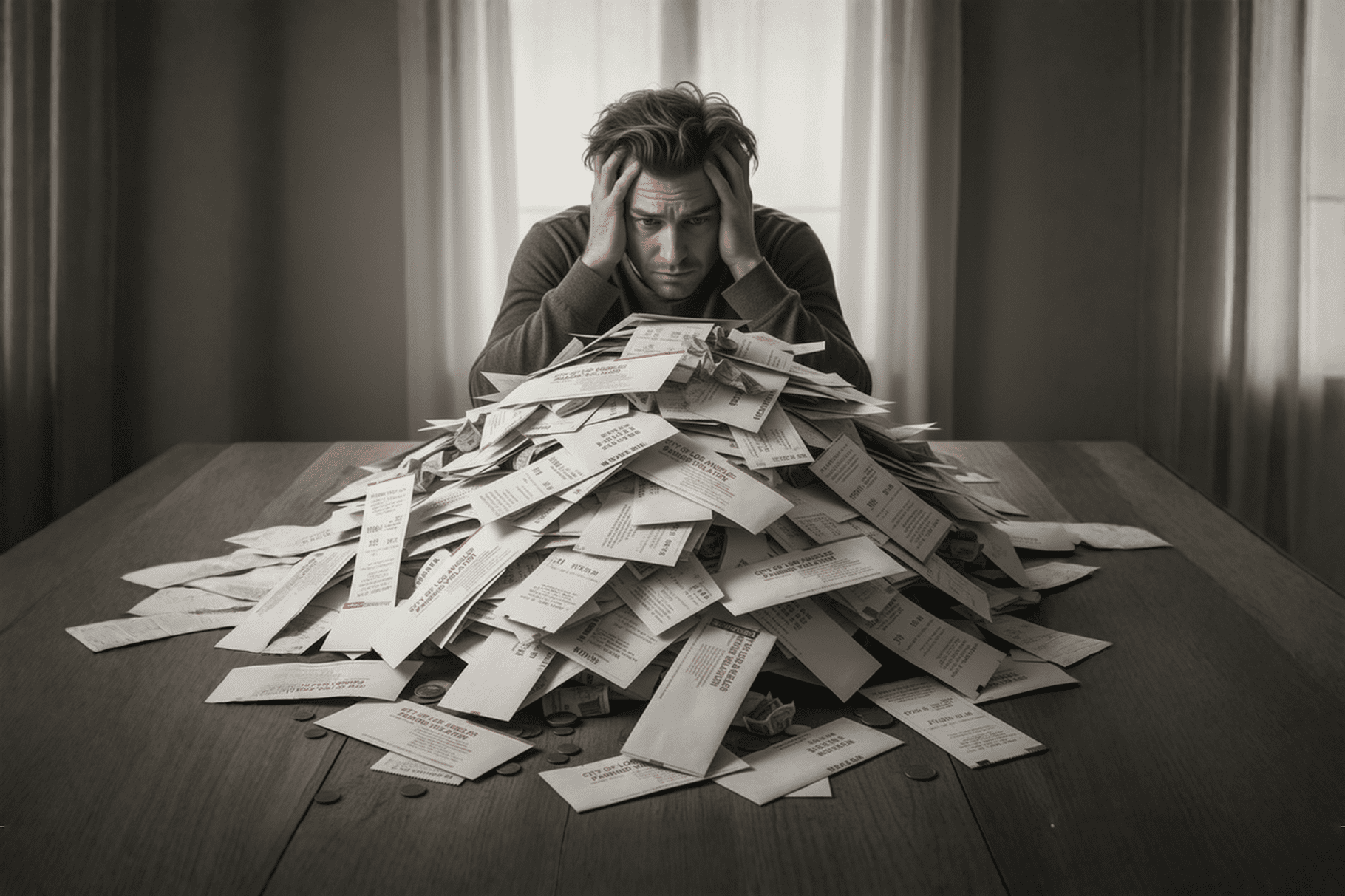 A person overwhelmed by a large pile of Los Angeles parking tickets on a table