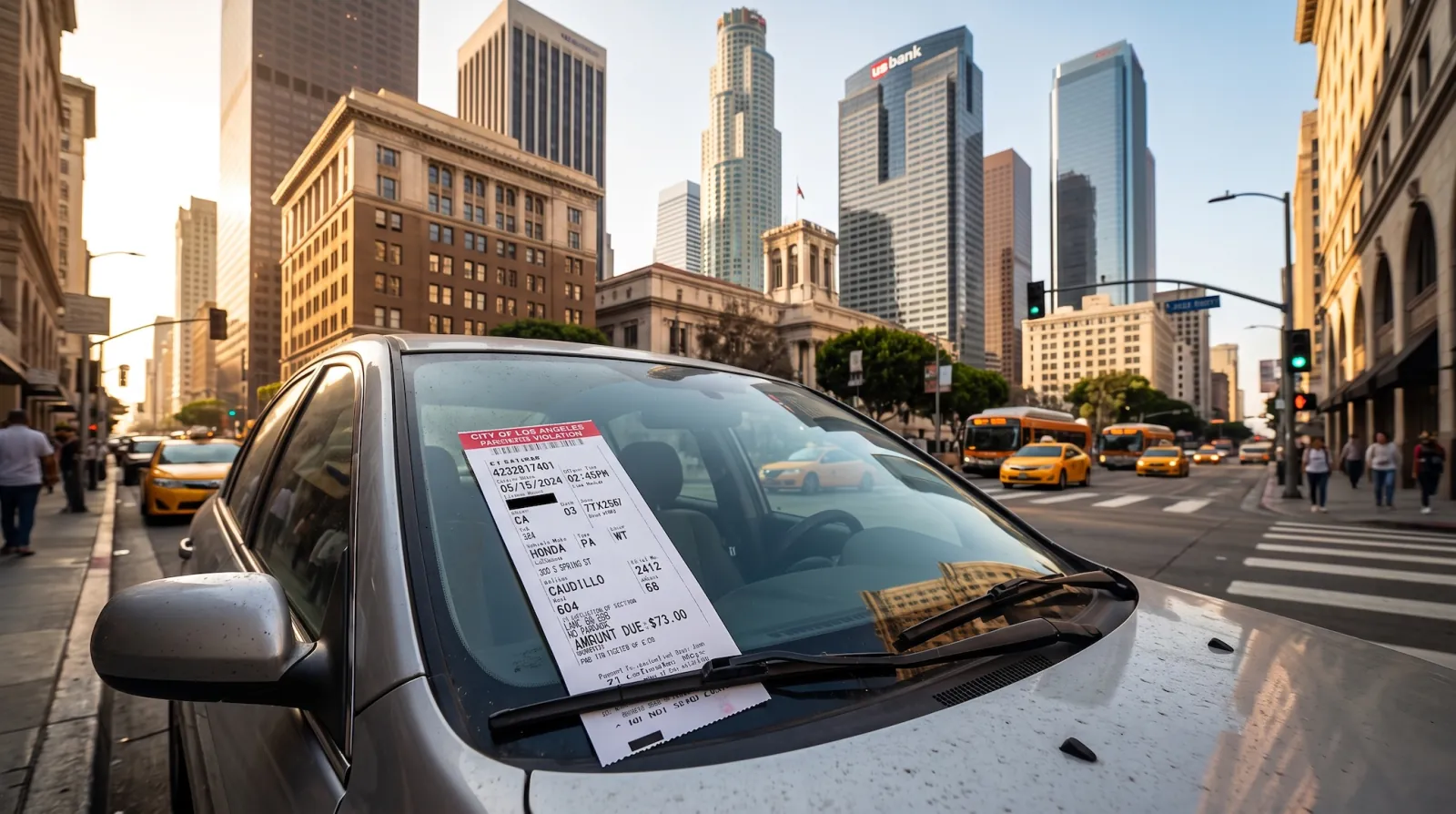 A street-sweeping parking ticket tucked under a windshield wiper