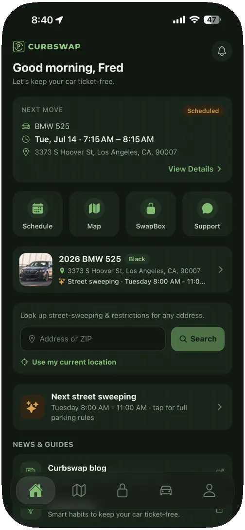 The Curbswap app home screen with the next scheduled move
