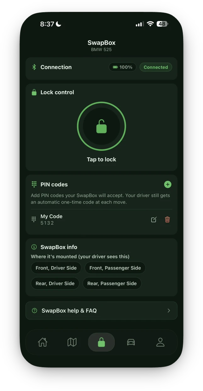 The Curbswap app SwapBox™ screen: Bluetooth connected, lock control, and PIN code management