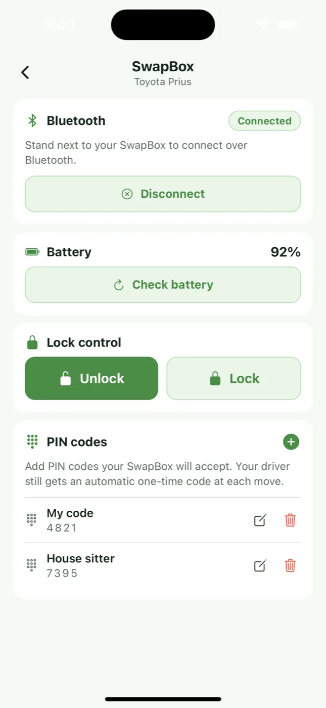 The Curbswap app SwapBox control screen